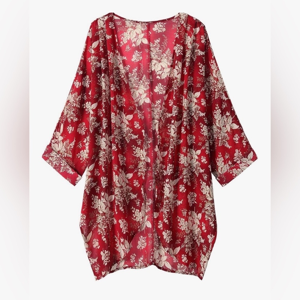 Floral Print Sheer Chiffon Loose Kimono Cardigan Cape.